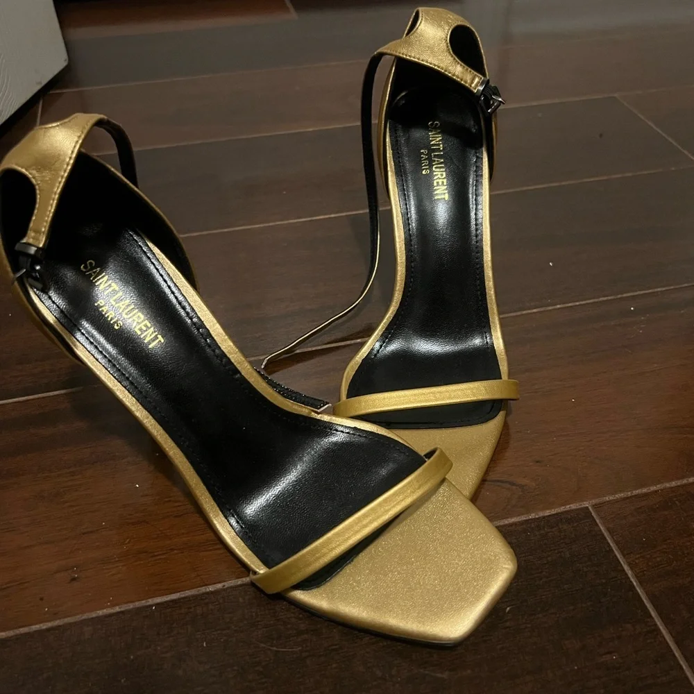 Saint Laurent Gold and Black Opyum Logo-Heel Sandals - Picture 6 of 6